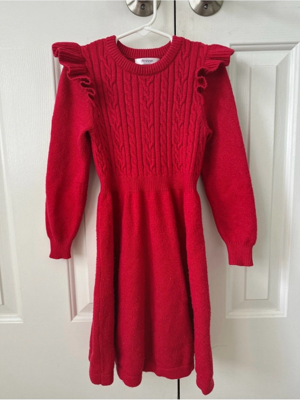 Girls' Red Cable-Knit Ruffle Shoulder Dress